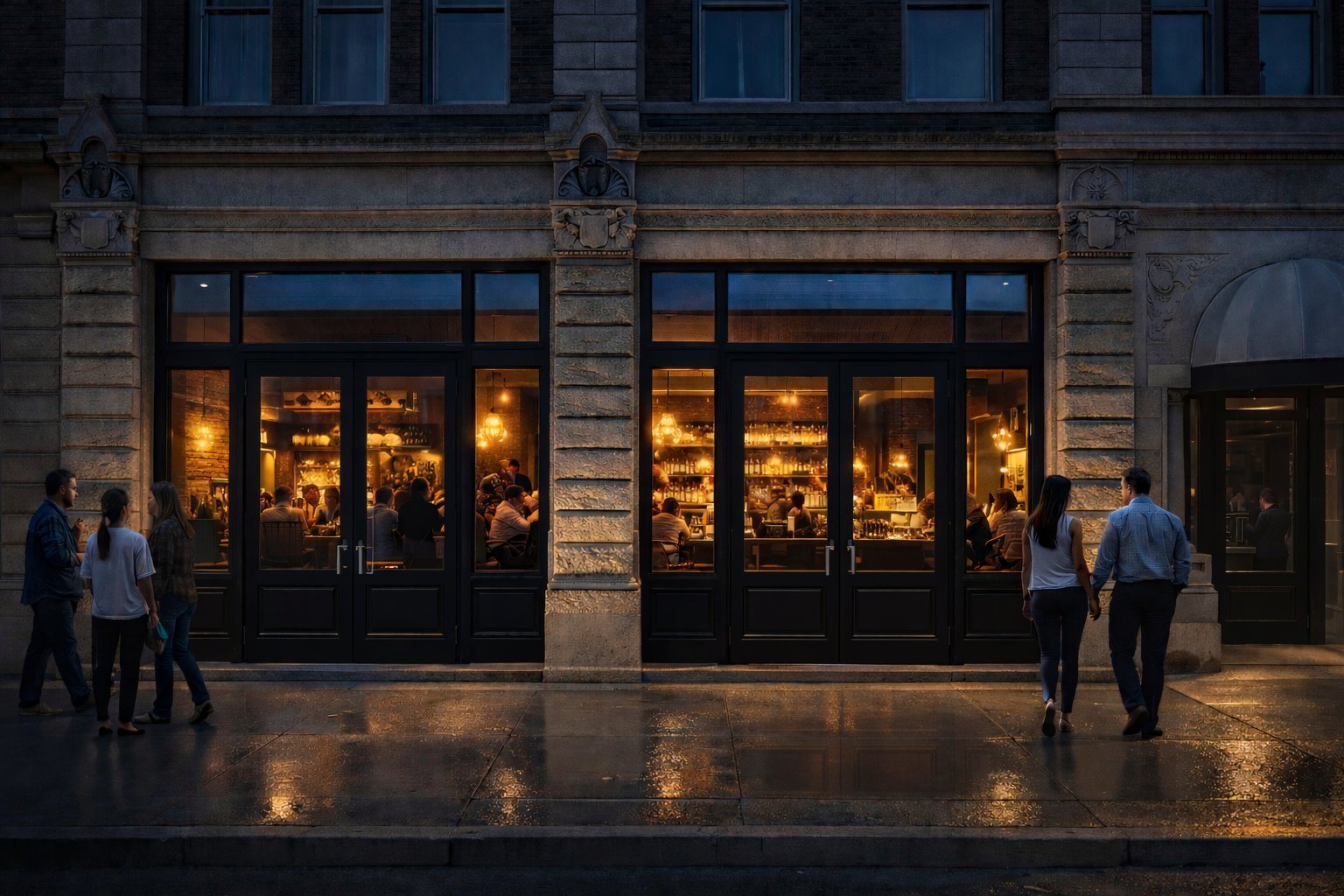 Never Say Die Distillery and Bar — storefront rendering, downtown Lexington Kentucky